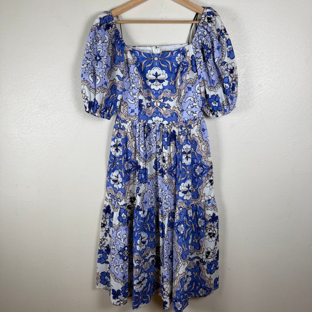 Vince Camuto Women Blue Floral Puff Sleeve Tiered Midi Dress Size 6